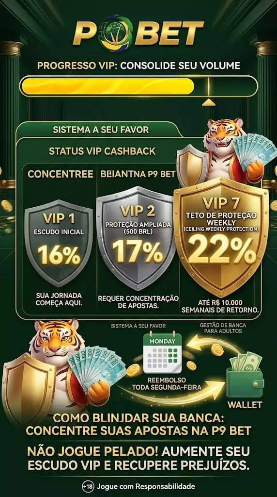 P9 BET programa VIP cashback, recupere prejuízos com proteção de banca, reembolso semanal de apostas até 22% e bônus em BRL