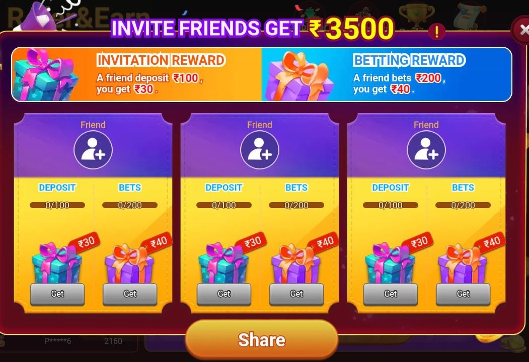 Bollygames Invite Friends Refer and Earn Banner showing deposit reward of ₹30 and betting reward of ₹40 with total earnings up to ₹3500.