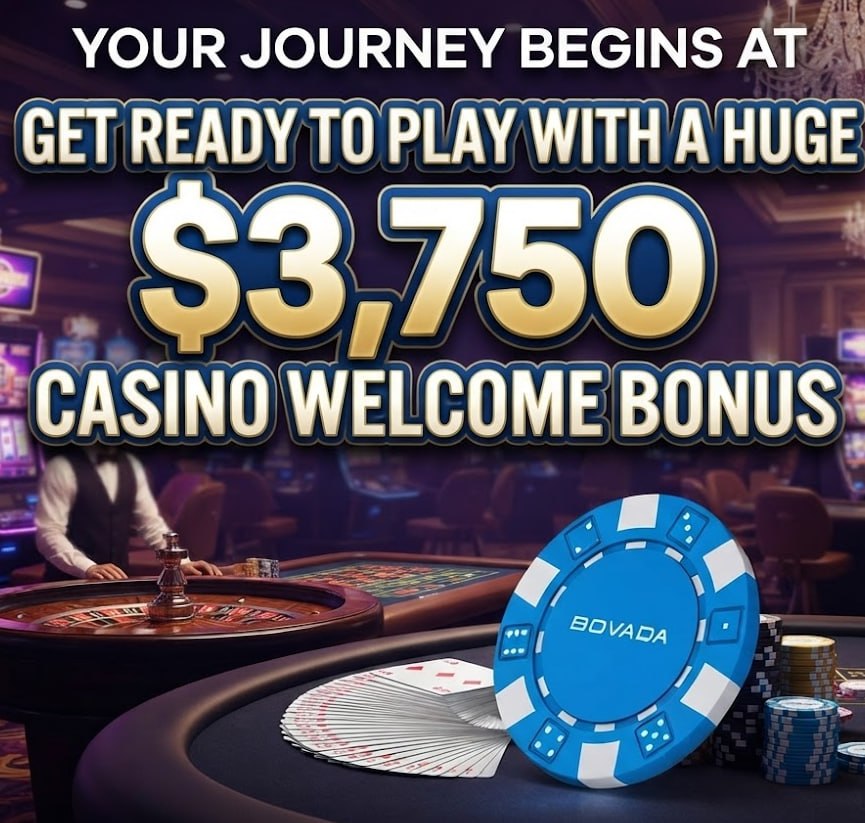 A promotional graphic for Bovada featuring a $3,750 casino bonus offer on a chip against a luxury casino background.