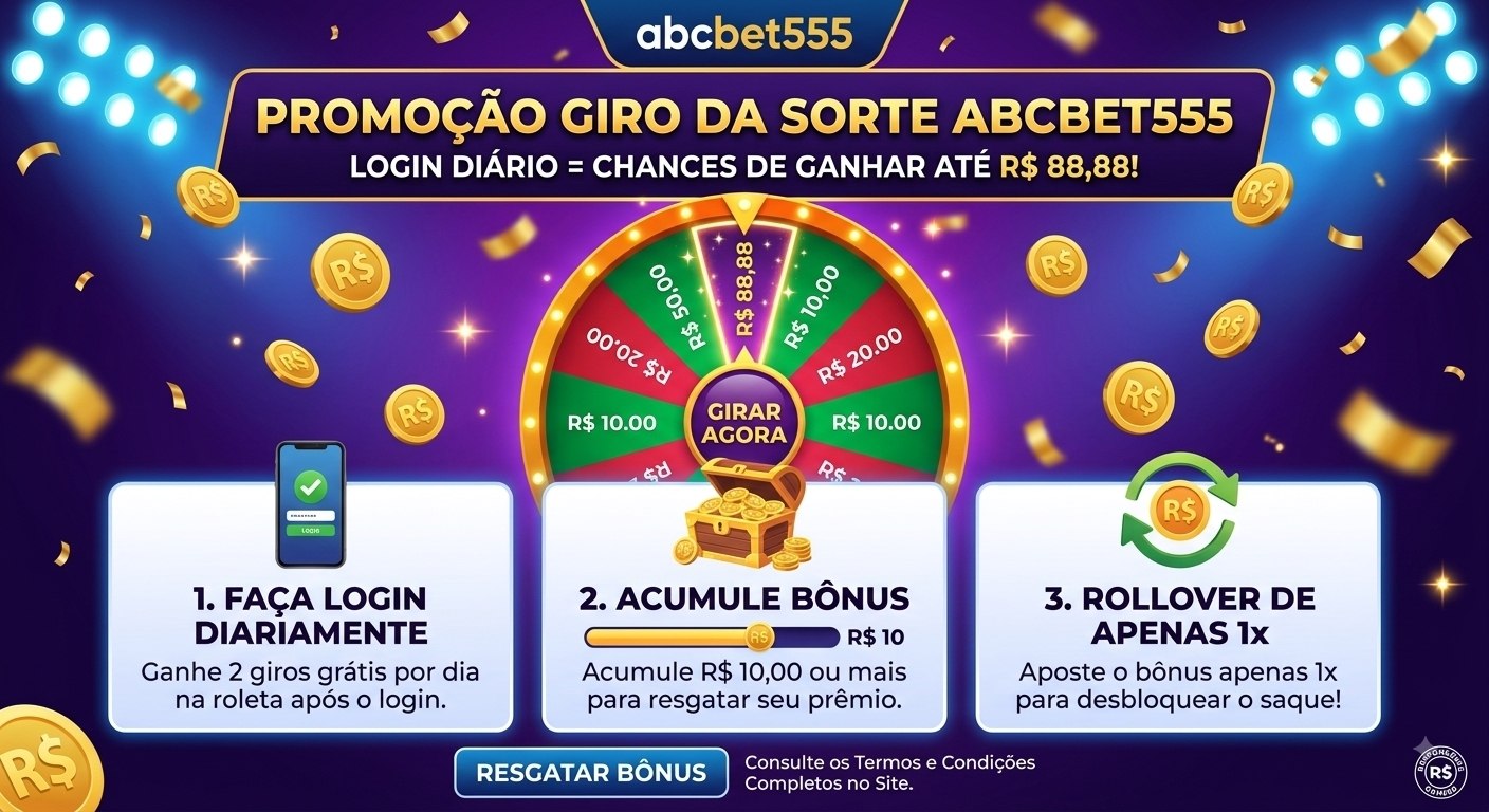 Infográfico promocional do Giro da Sorte Abcbet mostrando o prêmio de até R$ 88,88 na roleta e o requisito de rollover de 1x.