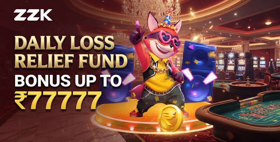 ZZK branded casino promotion featuring a party fox character offering a daily loss relief fund bonus up to ₹77,777 in a luxury casino setting.