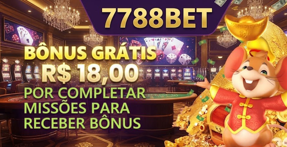 A promotional graphic showing a free R$ 18.00 bonus reward for completing missions on 7788BET with a cute cartoon mouse and casino background.