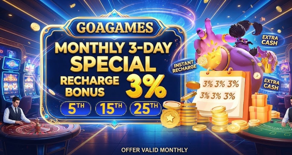 A promotional graphic for Goa Games offering a 3% monthly recharge bonus on the 5th, 15th, and 25th, featuring a purple genie and coins.