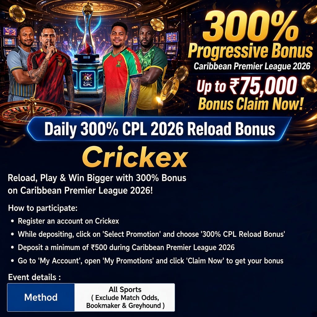 Crickex promotional graphic for a 300% CPL reload bonus up to ৳67,000 featuring four cricket players and the CPL trophy.