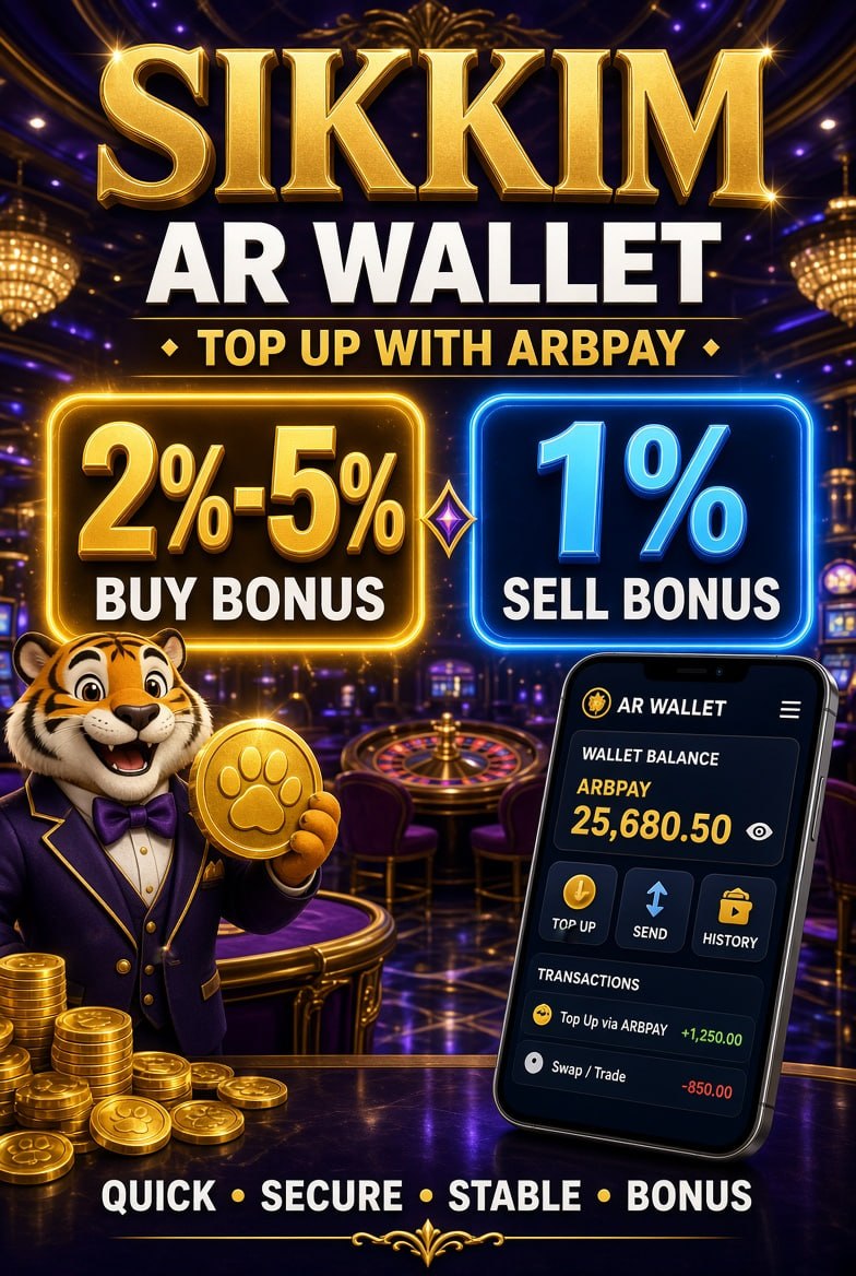 Promotional poster showing 2%-5% buy and 1% sell bonus for AR Wallet top-up with ARBPAY on Sikkim casino background