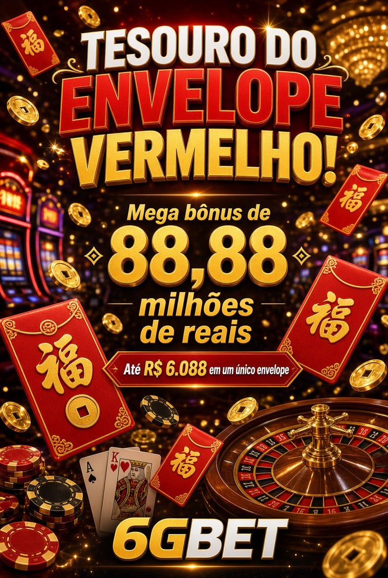 Casino poster with red envelopes, roulette, chips and gold text promoting 88.88 million reais red envelope bonus up to R$6,088 on 6GBET.