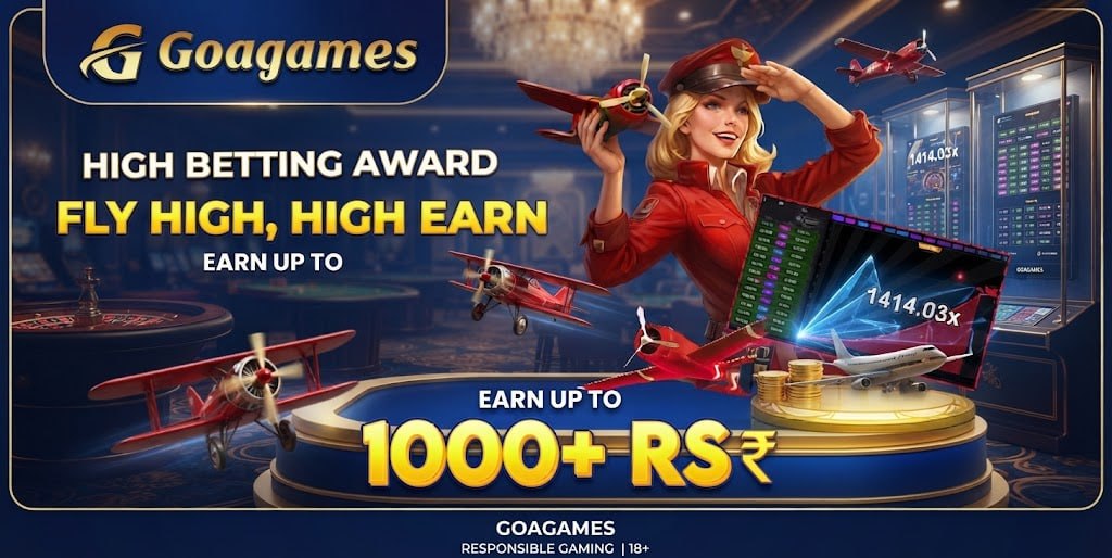 A promotional graphic for Goa Games featuring a female pilot, biplanes, a large ₹1000+ RS bonus value, and a casino game screen with a 1414.03x multiplier.