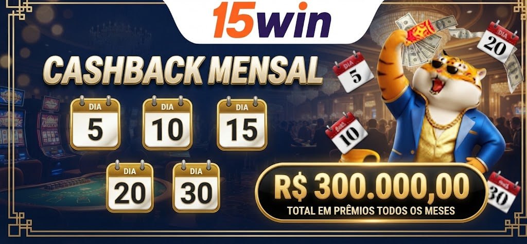 A promotional graphic showing a monthly cashback offer up to R$ 300,000.00 with dates 5, 10, 15, 20, and 30 in a casino setting.