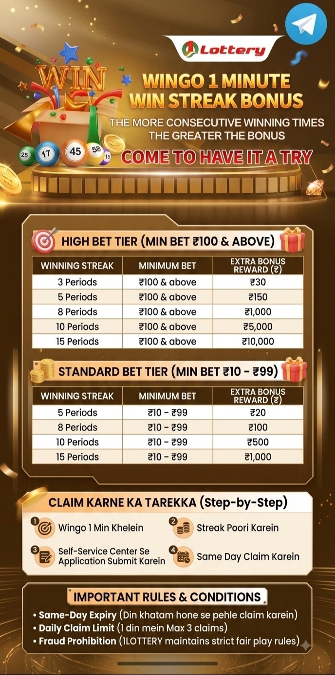 1lottery Wingo 1 Minute Win Streak Bonus event details showing consecutive win multipliers and bonus payout tables.