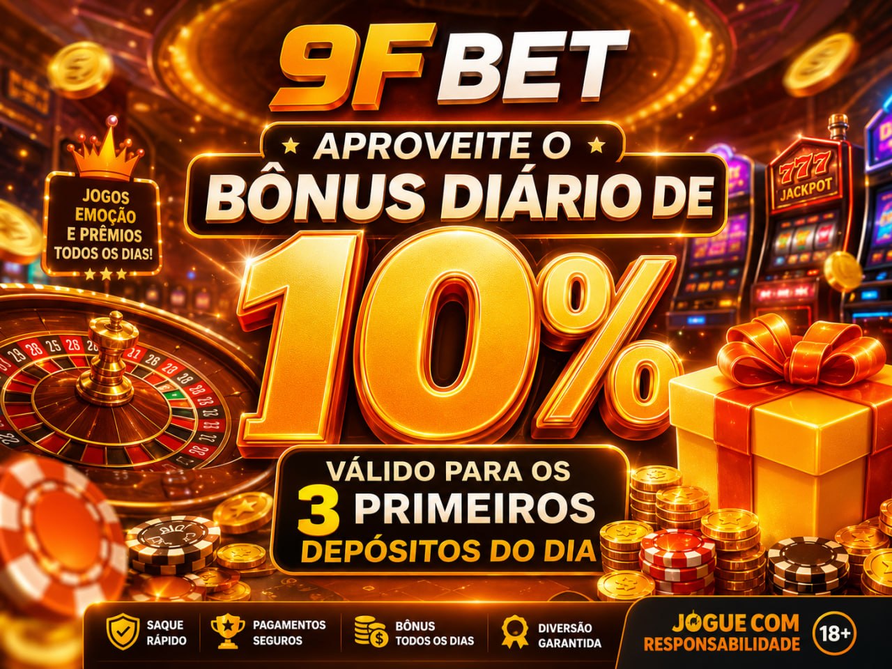Banner da 9F BET com bônus diário de 10% nos 3 primeiros depósitos.