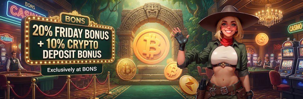 BONS promotional graphic for a 20% Friday Bonus and 10% Crypto Deposit Bonus featuring an adventurer mascot and floating Bitcoin.