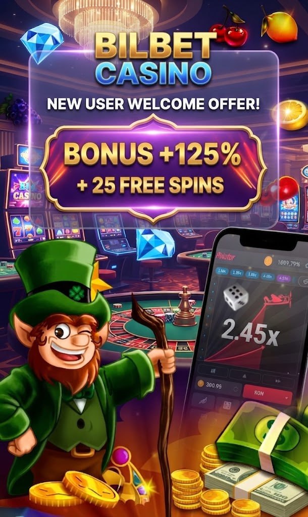 Promotional graphic for Bilbet Casino featuring a leprechaun and showing a welcome bonus of +125% and 25 free spins.