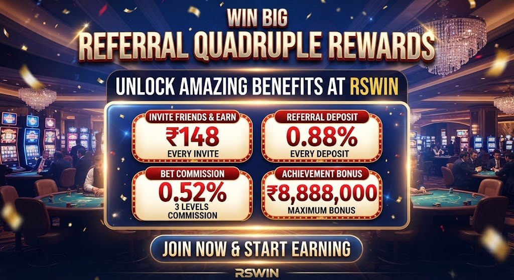 An RSWIN promotional graphic detailing a referral bonus with four tiers: ₹148 per invite, 0.88% deposit commission, 0.52% bet commission, and a ₹8,888,000 achievement bonus against a luxury casino background.