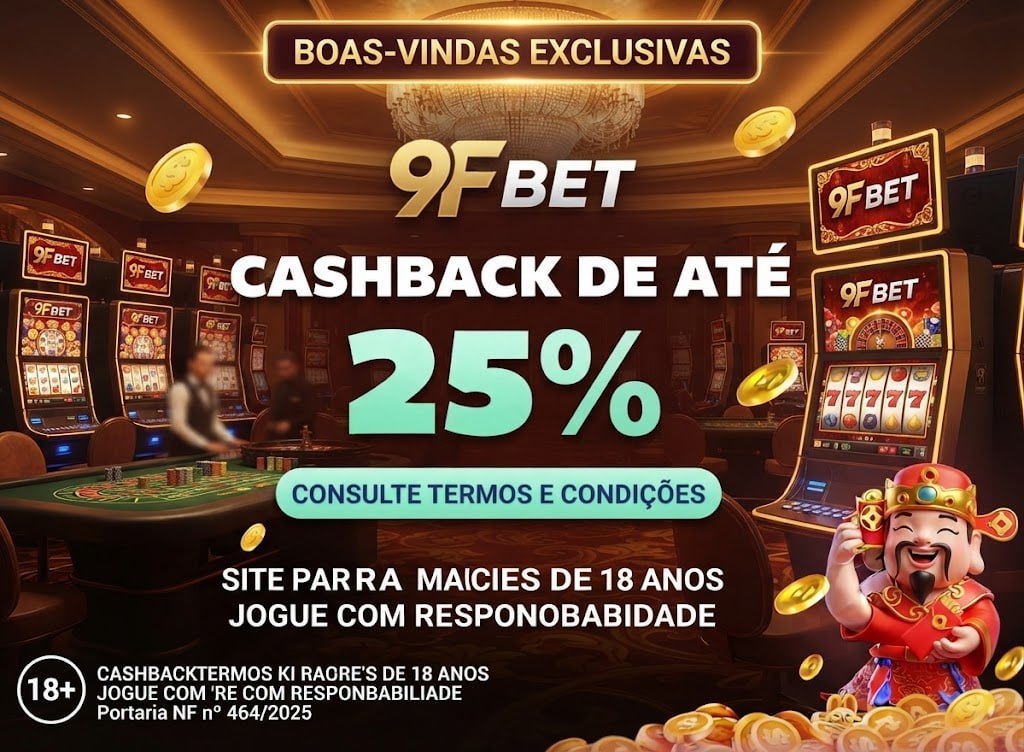 Um banner promocional da 9F BET oferecendo um bônus de cashback de até 25%, com um mascote da sorte e moedas douradas.