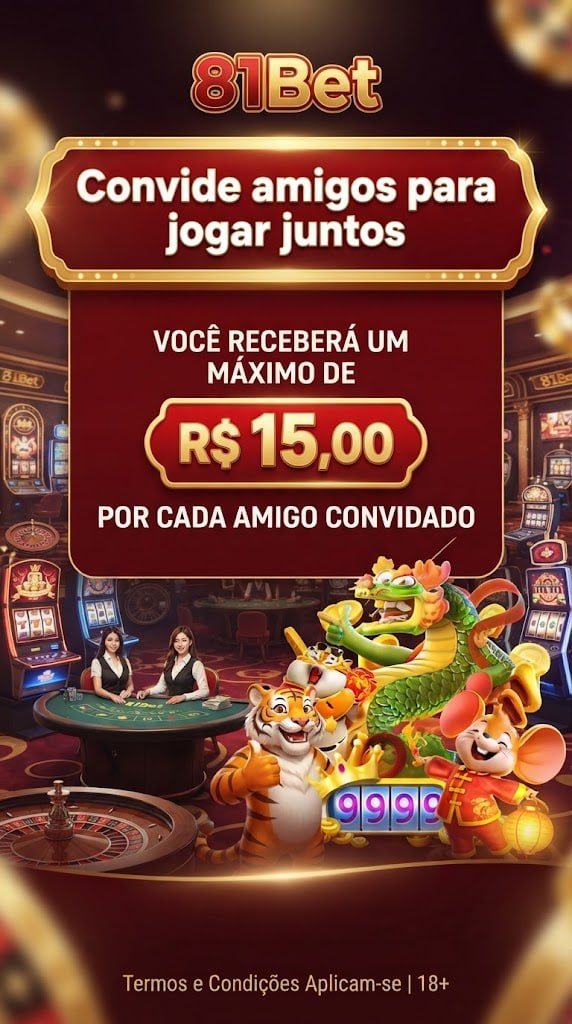 Banner promocional da 81Bet com personagens de cassino oferecendo bônus de R$15 por indicação de amigos.