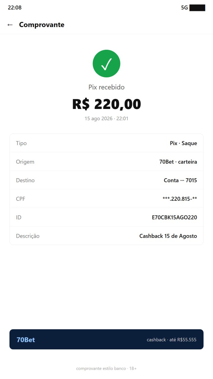 Cartaz vertical 70Bet cashback 15 de agosto até R$55.555