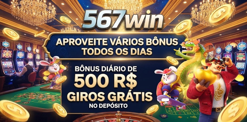 Banner promocional da 567win oferecendo um bônus diário de 500 R$ e giros grátis sobre o depósito, com personagens de cassino e moedas de ouro.