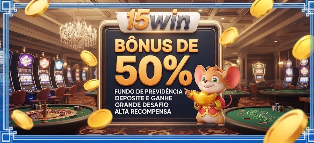 Anuncio de 50% de bônus da 15WIN em um fundo de previdência com um rato da sorte dourado.