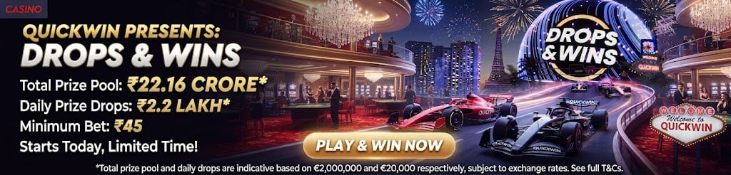 A promotional banner for Quickwin Casino showing a €2,000,000 / ₹22.16 Crore Drops & Wins prize pool with Formula 1 racing cars.