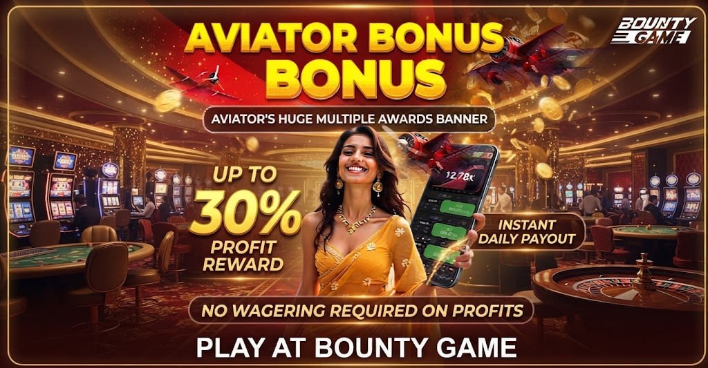 A Bounty Game promotional graphic for the Aviator game featuring a woman in a saree, an airplane, gold coins, and a mobile phone with a 12.78x payout. Text highlights 'UP TO 30% PROFIT REWARD', 'INSTANT DAILY PAYOUT', and 'NO WAGERING REQUIRED ON PROFITS'.