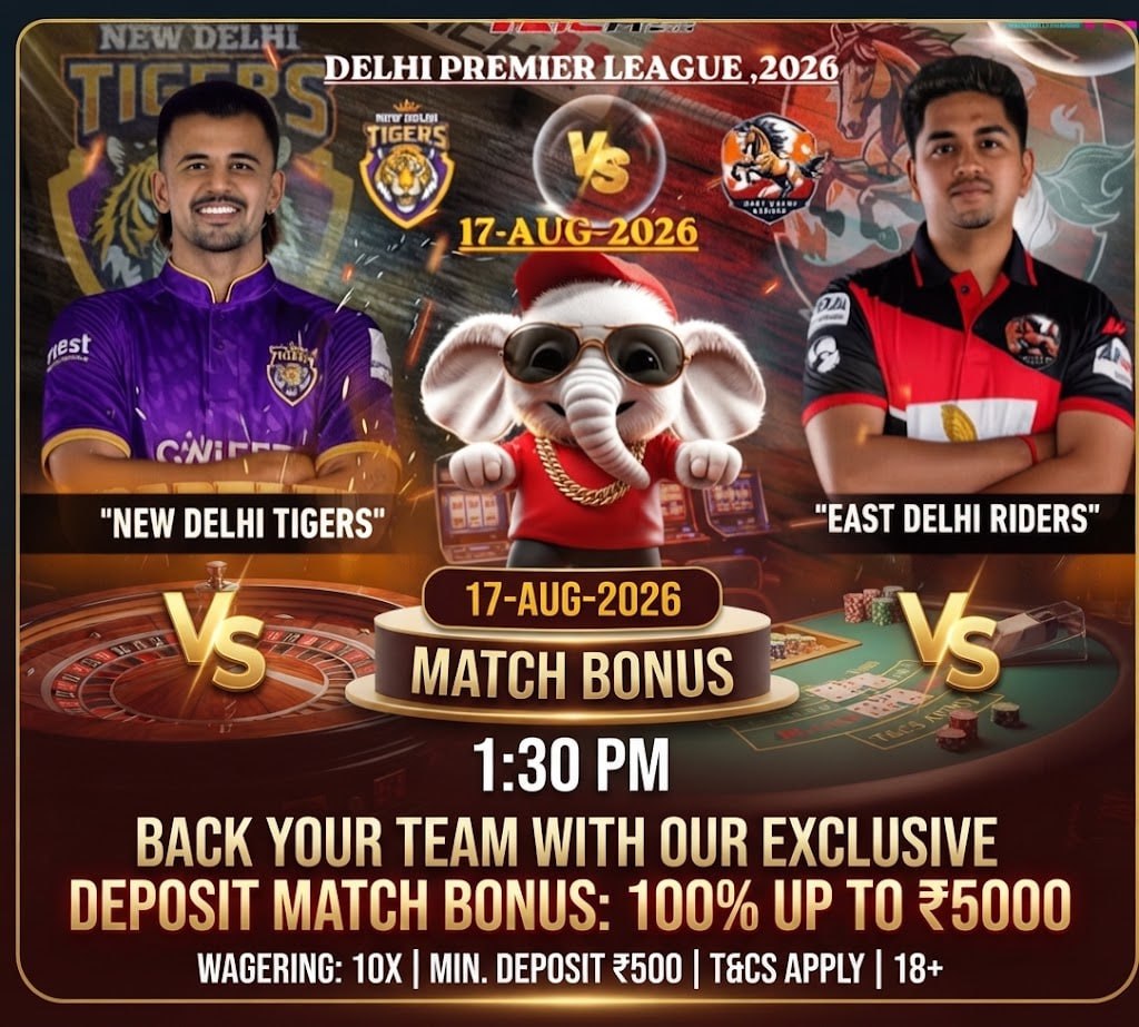 A promotional graphic for the Delhi Premier League match between New Delhi Tigers and East Delhi Riders featuring a 100% up to ₹5000 bonus offer.