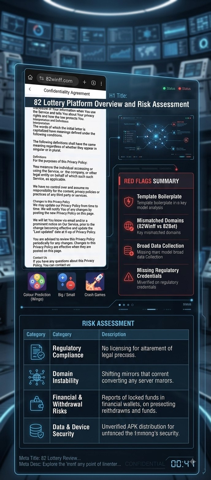 82 Lottery platform review infographic showing privacy policy red flags, game mechanics, and risk assessment table