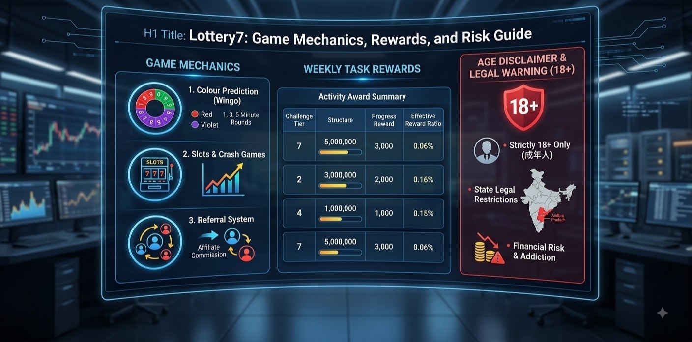 Lottery7 platform review infographic showing color prediction mechanics, weekly task reward table, and 18+ legal disclaimer