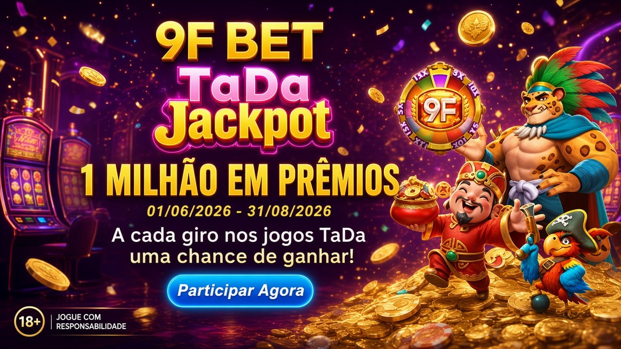 Promotional poster for 9F BET TaDa Jackpot with 1 million prizes and casino characters
