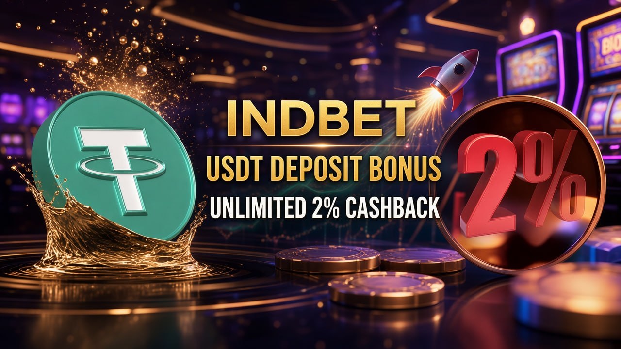 INDBET promotional poster for unlimited 2% USDT deposit cashback with casino background