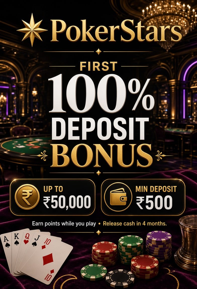 Promotional poster of PokerStars 100% first deposit bonus up to ₹50,000 with casino tables chips and cards background