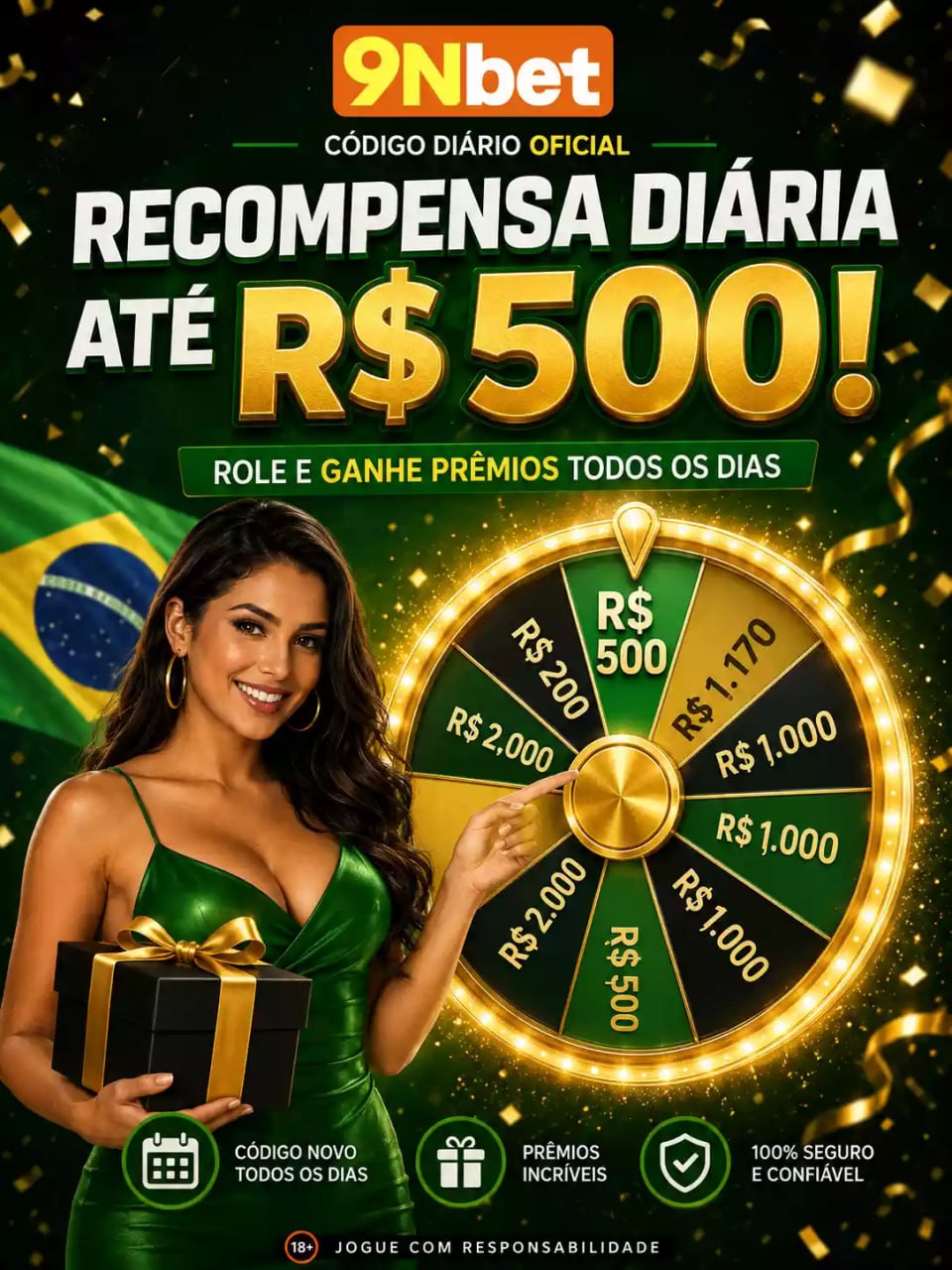 9Nbet Brasil recompensa diária oficial, código de bônus diário para girar a roleta da sorte e ganhar até R$ 500 em prêmios de dinheiro real com segurança