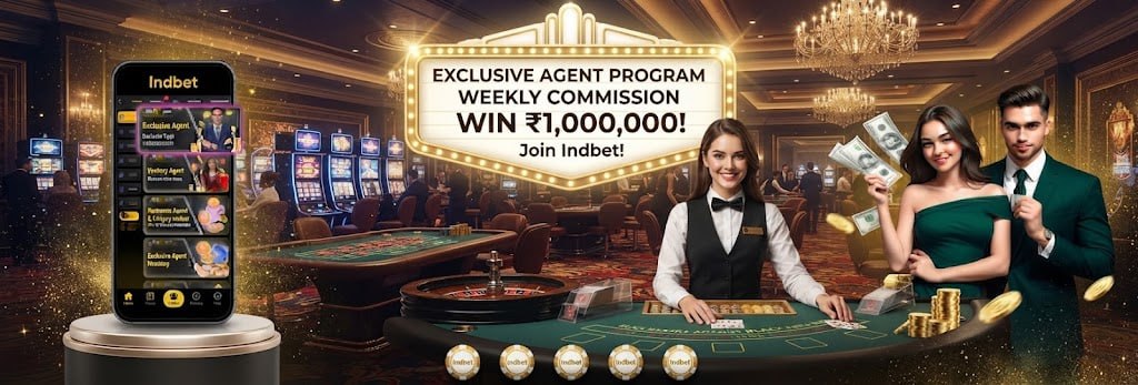 Indbet promotional banner featuring an exclusive agent program offering a chance to win up to ₹1,000,000 in weekly commission.