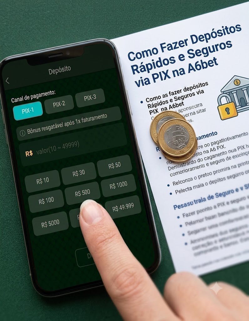 Tela de depósito via PIX na plataforma A6bet com opções de valores e canais de pagamento
