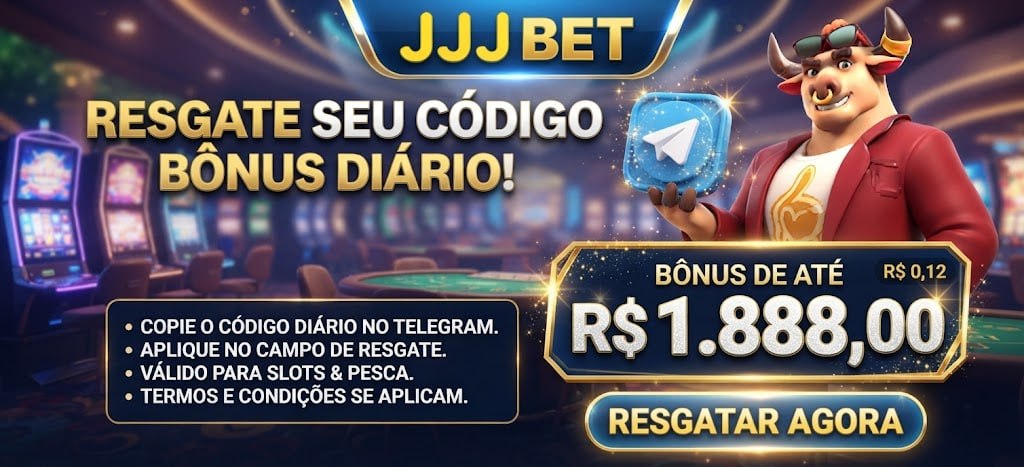 Cartaz promocional da JJJ BET com um touro mascote segurando o ícone do Telegram, anunciando bônus diário de até R$ 1.888,00 para slots e pesca.