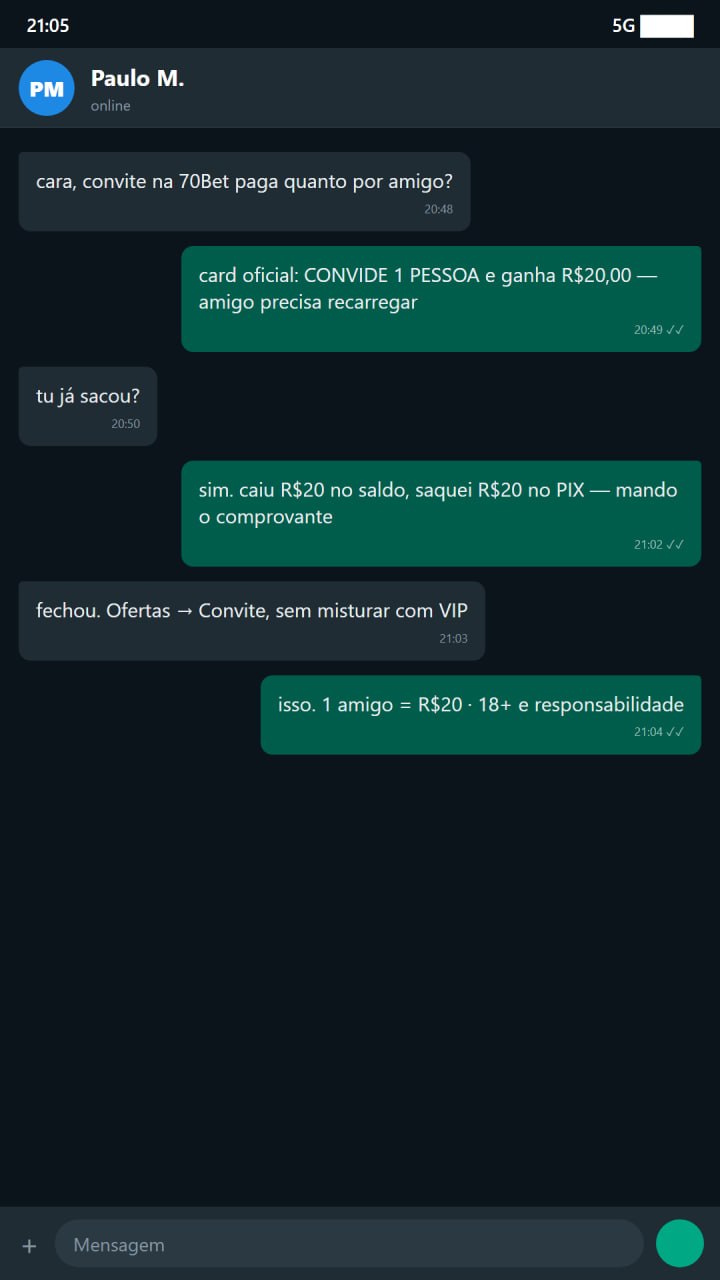 Poster H5 70Bet convide 1 pessoa ganhe R$20 em estilo anúncio