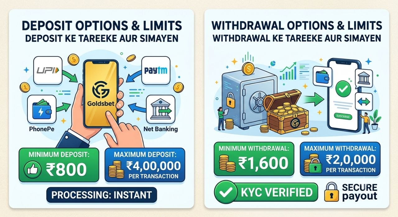 Goldsbet deposit aur withdrawal payment options limits aur UPI payment methods infographic