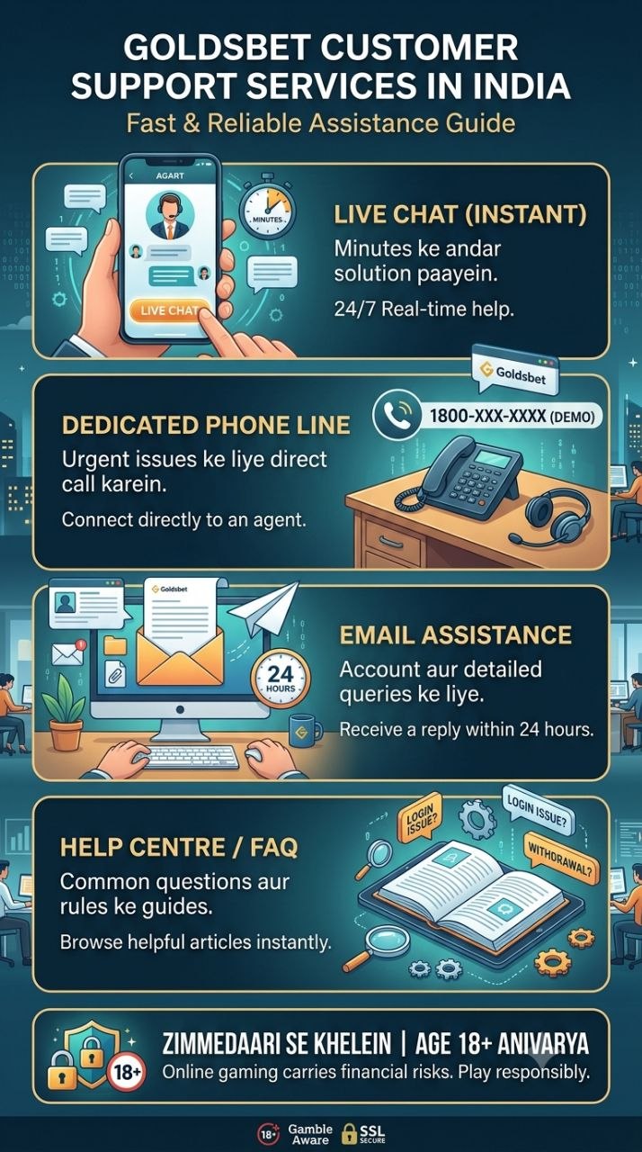 Goldsbet customer support options jaise live chat, email aur phone assistance