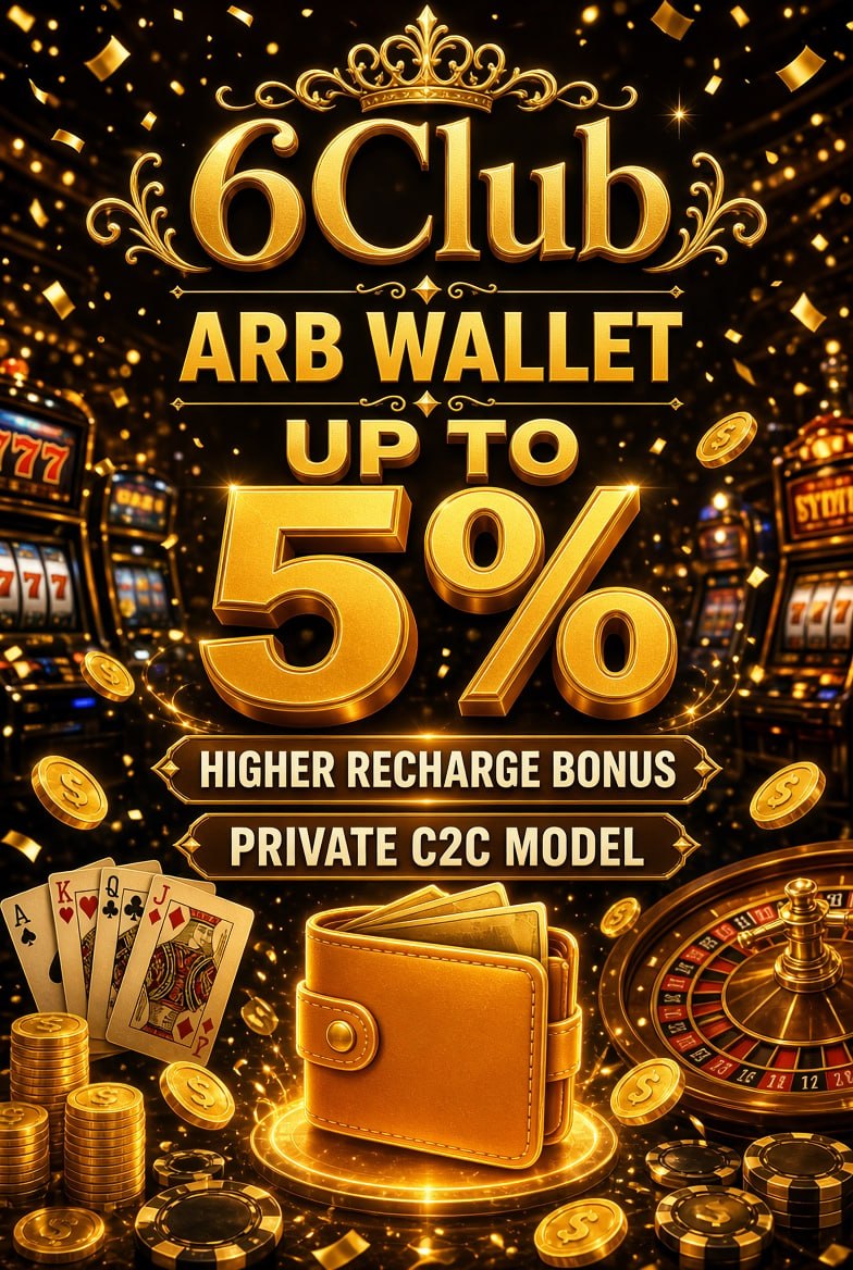 Promotional poster of 6Club ARB Wallet with up to 5% bonus in casino scene.