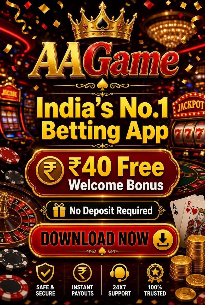 A promotional graphic for AAGame featuring a ₹40 free welcome bonus, no deposit required, and download now call to action.