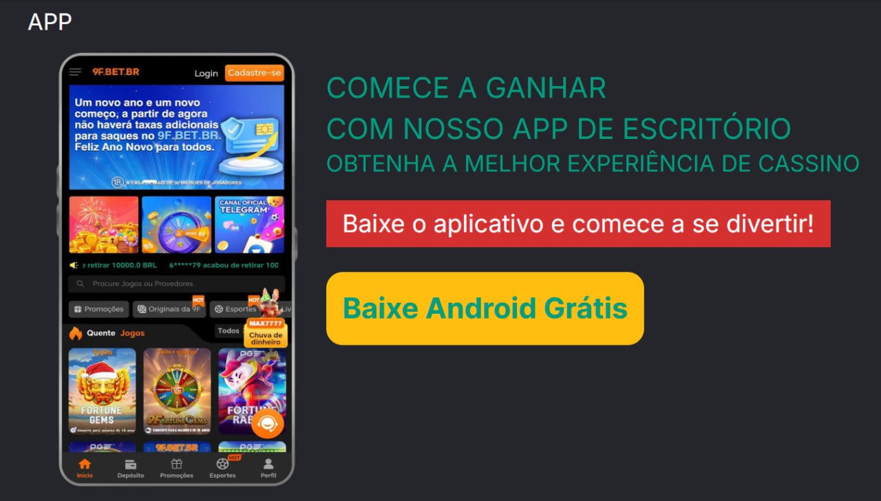 Um banner promocional do aplicativo 9F BET exibindo a interface móvel, opção de download para Android e cenário luxuoso de cassino.