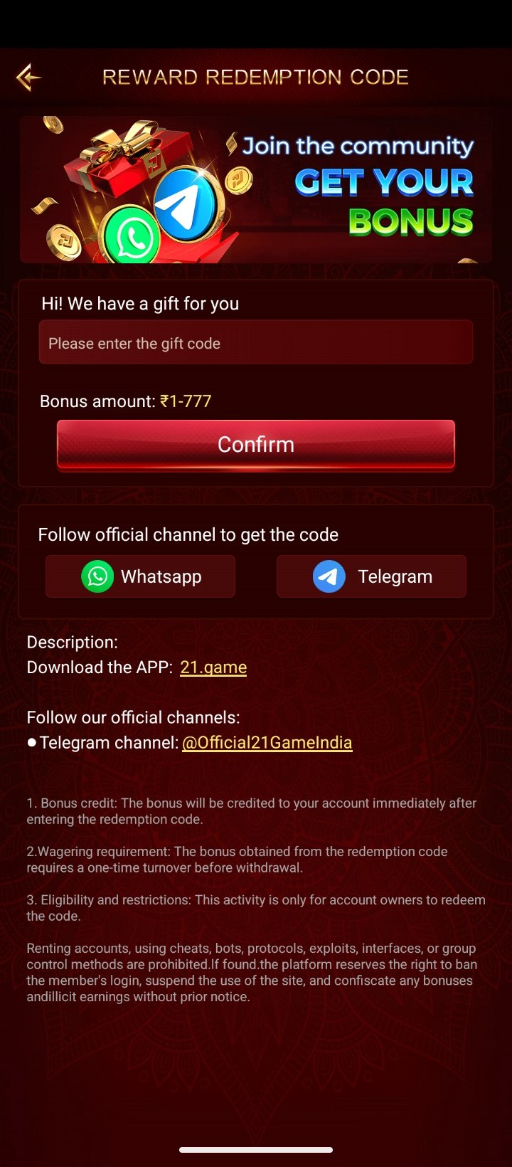 Screen interface of 21.game app showing reward redemption code input for claiming up to ₹777 bonus