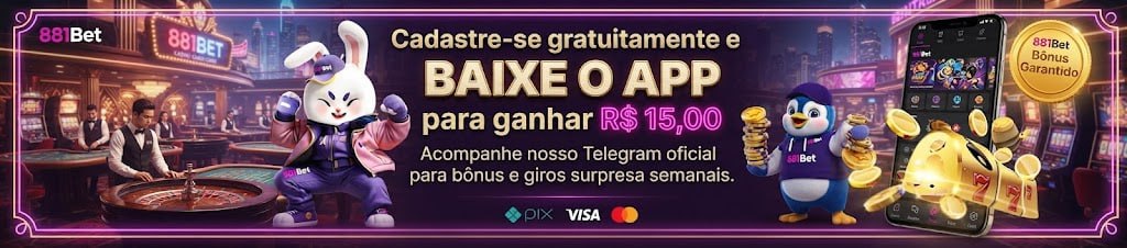 Banner promocional da 881Bet destacando bônus de R$ 15 ao baixar o aplicativo em um cassino.