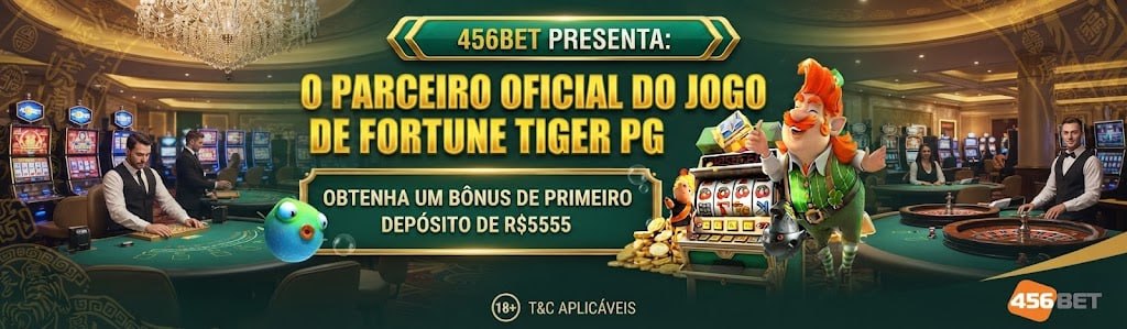 A promotional banner for 456BET offering a R$5555 first deposit bonus for Fortune Tiger PG featuring a leprechaun and a pufferfish.