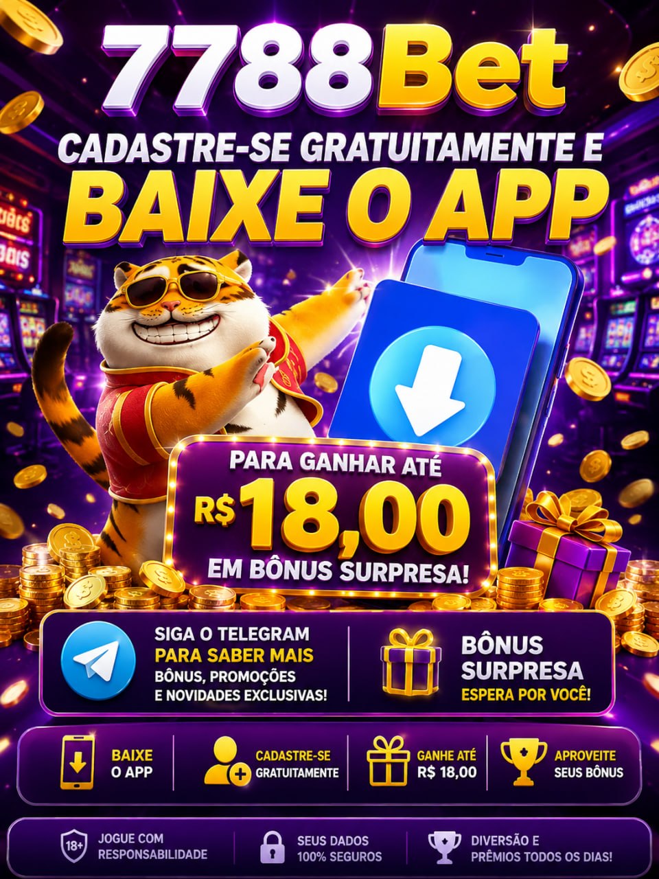 Banner da 7788Bet com bônus surpresa de até R$18,00 ao baixar o app.