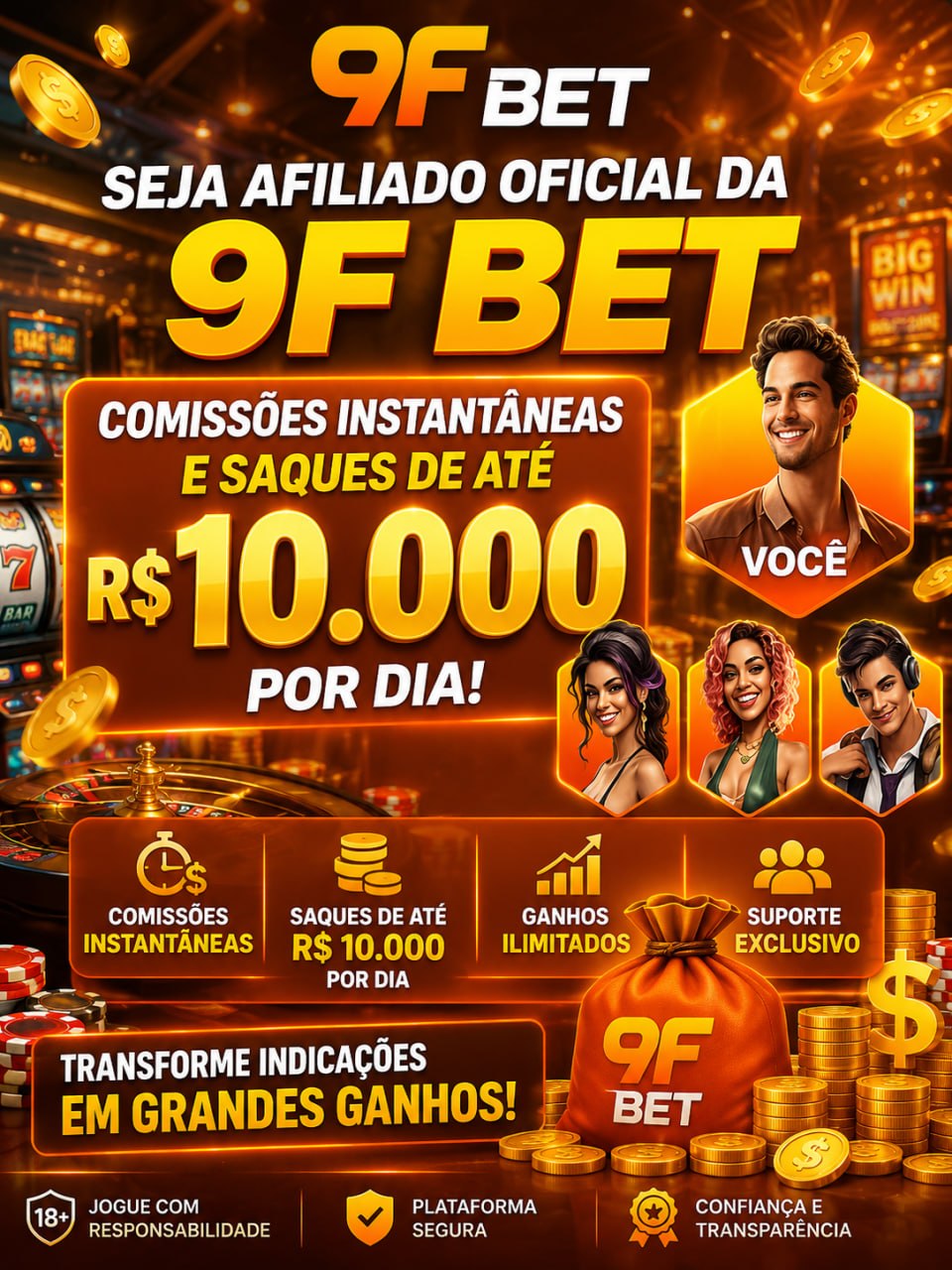 Banner da 9F BET com comissões instantâneas e saques de até R$10.000 por dia.
