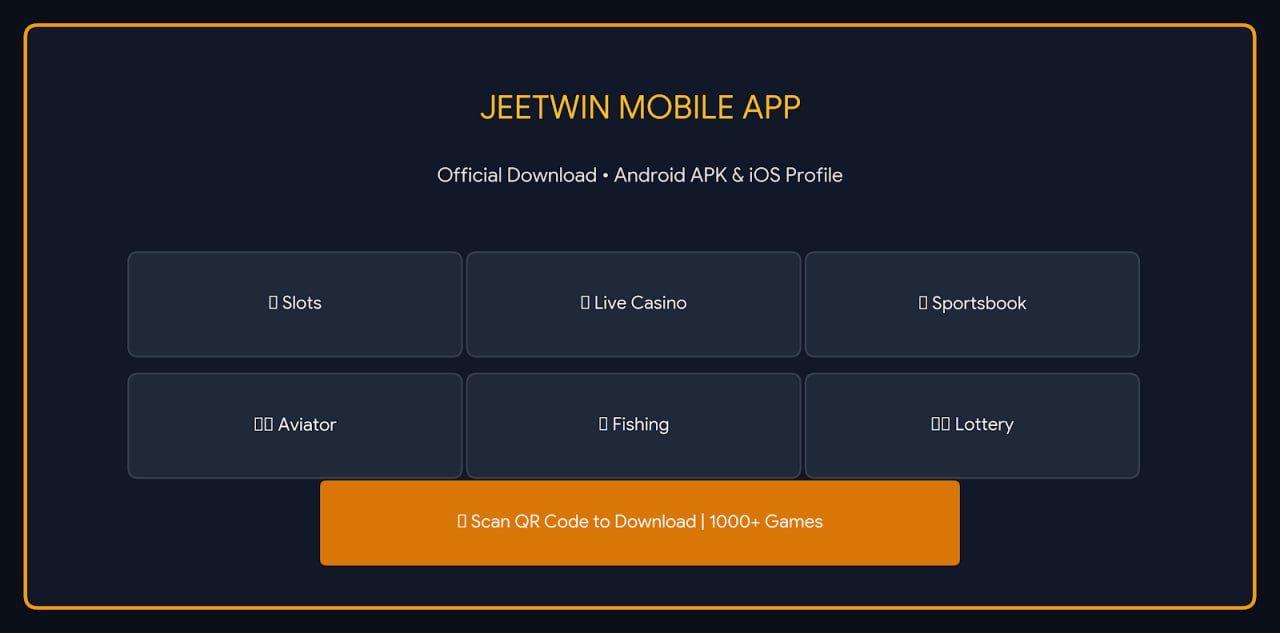 JeetWin mobile app interface showing download QR code and supported gaming categories