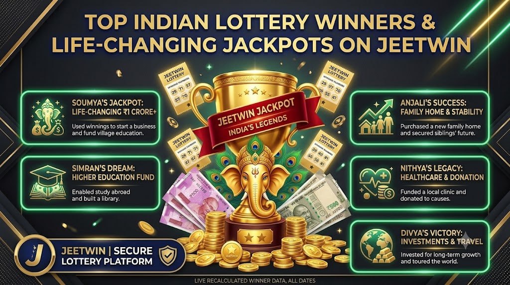Infographic showcasing top 10 Indian lottery winners and their life-changing jackpot stories on JeetWin