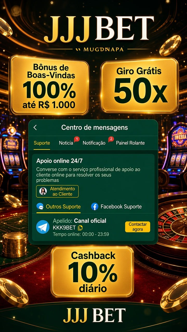 Poster promocional de cassino com bônus 100% até R$1.000 da JJJ BET, 50 giros grátis, cashback 10% e suporte 24/7.