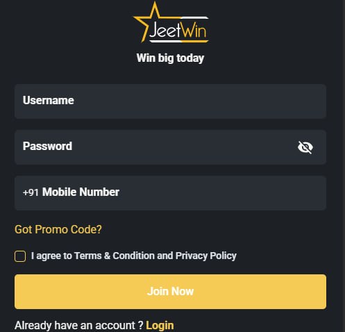 JeetWin mobile registration modal with username password mobile number fields and Join Now button