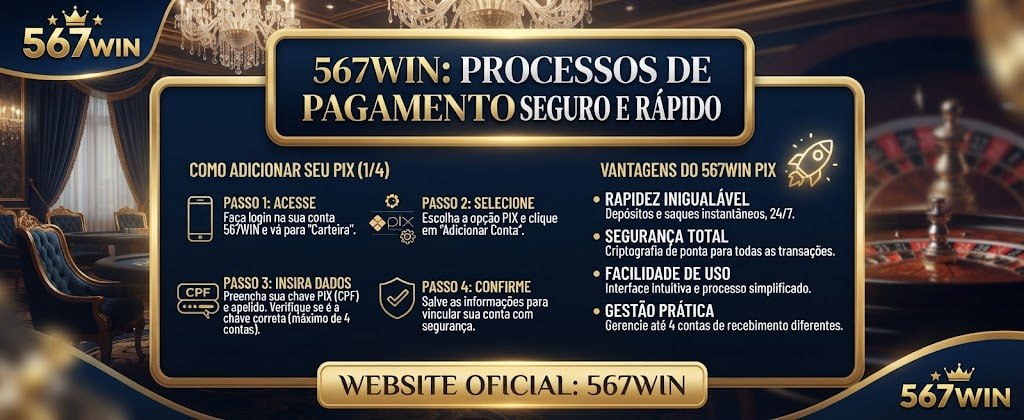 A promotional poster showcasing the 567WIN PIX payment method process and secure transaction benefits against a luxury casino background.